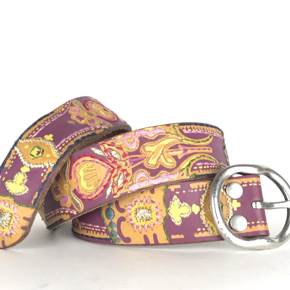 Lucky Brand floral embroidered leather belt Sz M - Picture 4 of 8